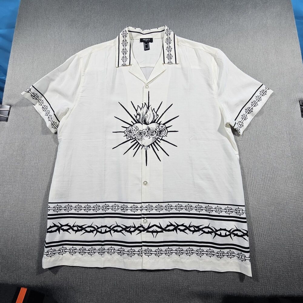 New Forever 21 Mens Rayon Graphic Camp Collar Button-Up Shirt Short Sleeve L
